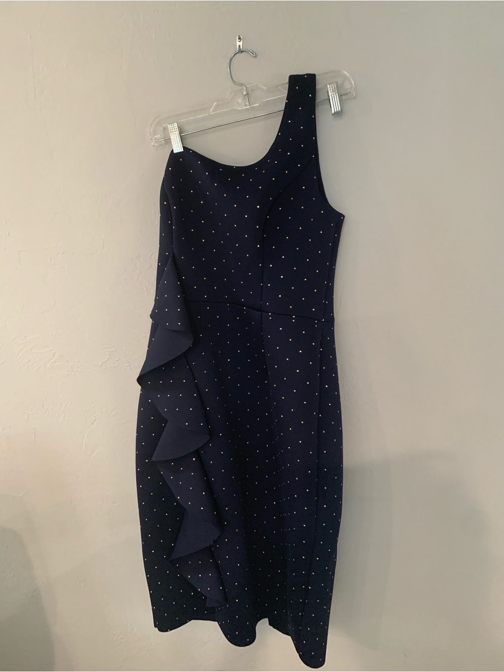 Betsy Adam Navy One-Shoulder Ruffle Midi Dress Metallic Dot NWT ret  $199